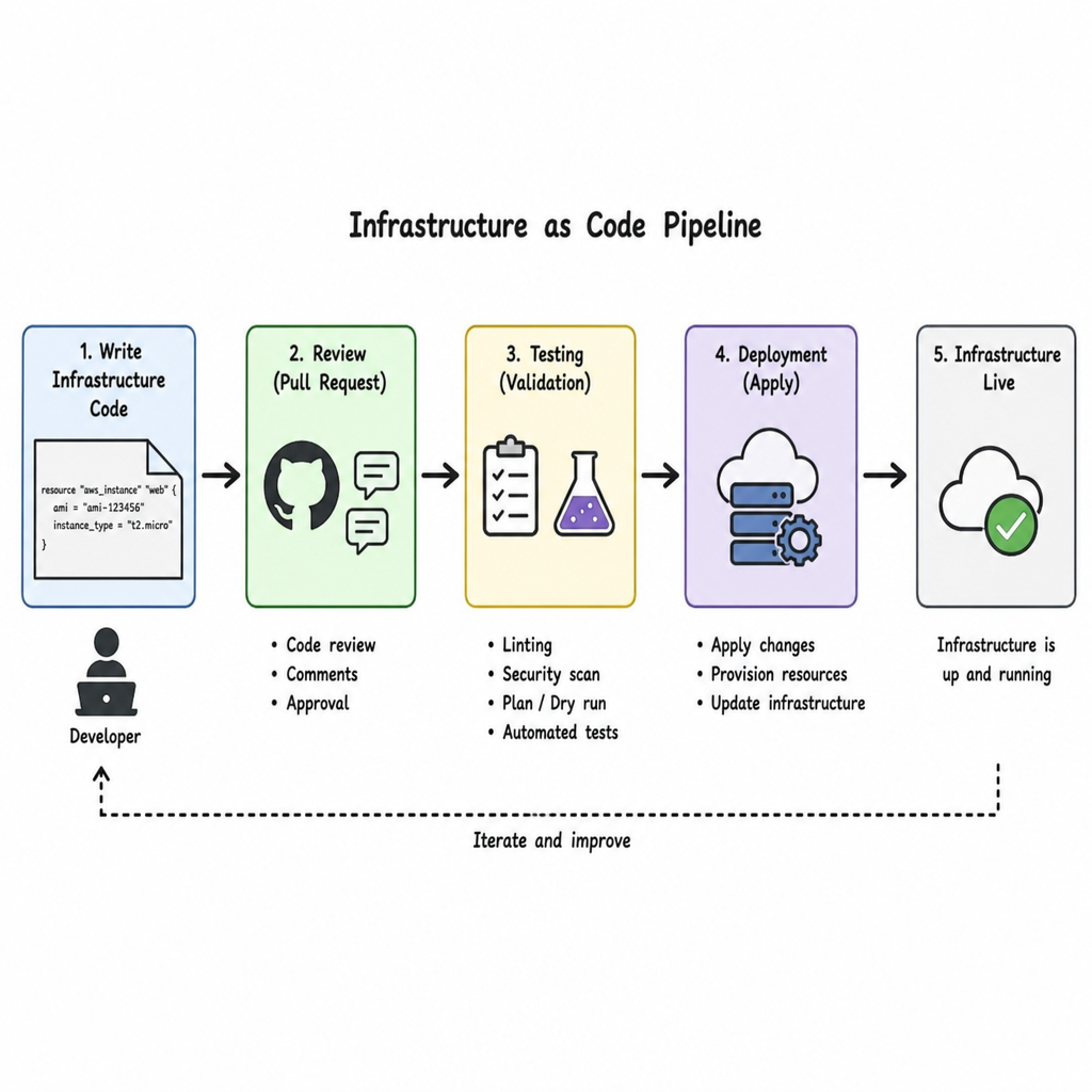 diagram showing infrastructure code flowing through review, testing, and deployment