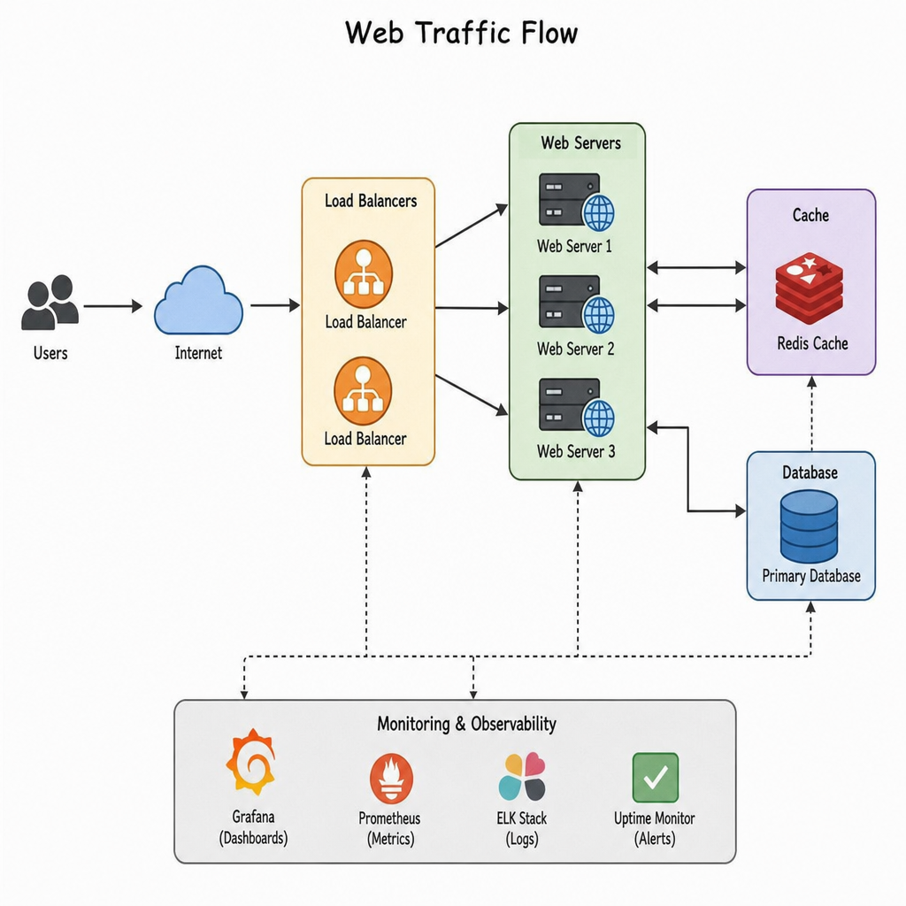 What Is Web Server Capacity Planning? How Does It Work? diagram showing web traffic flowing through load balancers, web servers, cache, database, and monitoring tools